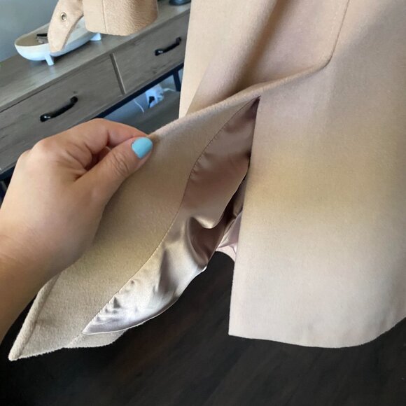 EVER NEW Tan Long Line Felt Wool Like Double Breast Belted Trench Coat Size 6 - Picture 9 of 10